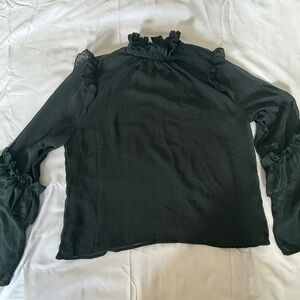 Black and White Ruffled Blouse with Contrasting Sleeves